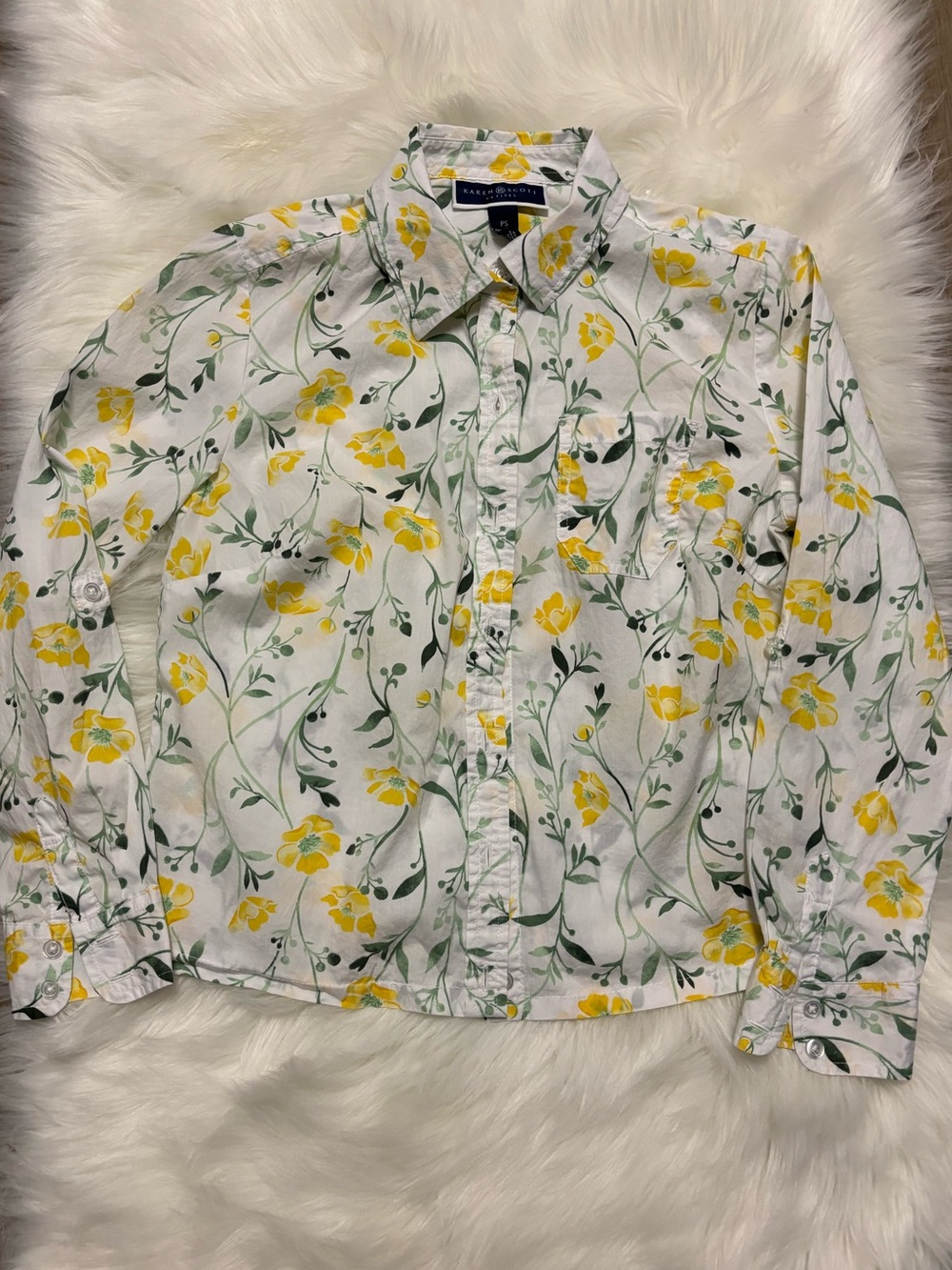 Ralph Lauren White Floral Button-Down Shirt with Yellow and Green Print